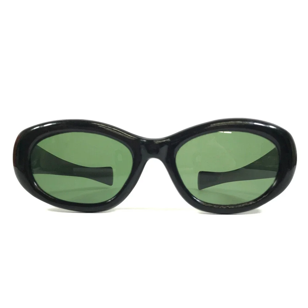Vintage Sunglasses Shiny Black Oval Wrap Frames with Green Lenses 48-20-135